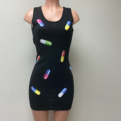 Moschino Black Pill Printed Wool Round Neck Sleeveless Mini Dress 6 Drugs Meds $300.38