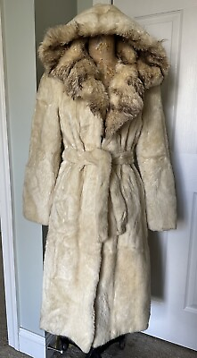 #ad VINTAGE Woman Genuine Fur Coat Hooded Sz S Belted Ivory Long Leather Shop