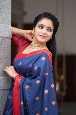 #ad Blue Colour Kanchipuram silk saree Indian Wedding sari Designer Free Petticoat