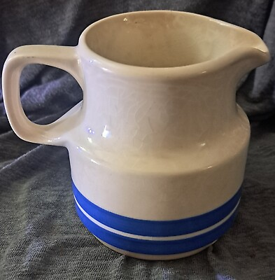 #ad Antique 19th English Stoneware Pottery Pitcher Blue Bands