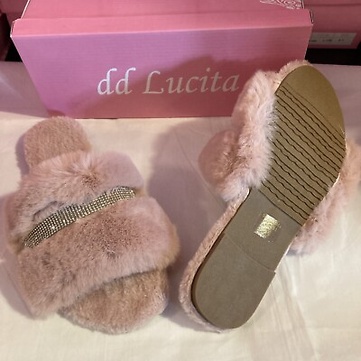 #ad NIB dd Lucita Pink Faux Fur Bling Slippers Size 7 Fuzzy Warm Slip On Women’s