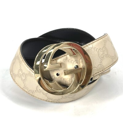 #ad GUCCI 114876 Guccissima GG Interlocking GG buckle belt Leather BeigeBased Gold