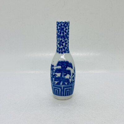 #ad Vintage 1970s Blue White Mini Porcelain Vase Bamboo Pine Tree Art 4.5” Decor 22