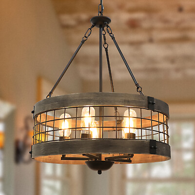 #ad 19inch 5 Light Rustic Farmhouse Chandeliers Island Wood Cage Drum Pendant Light