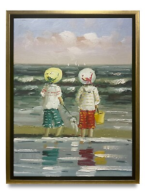 #ad Hungryartist Original Oil Painting of Children amp;Beach on Canvas 12x16 Framed