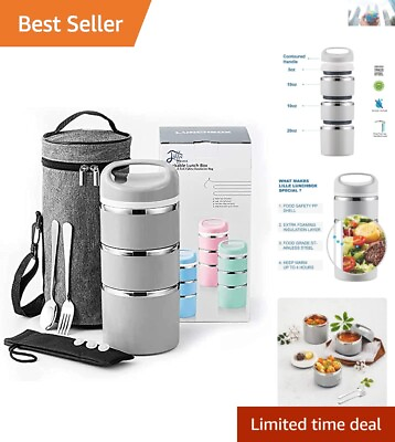 #ad Portable 3 Tier Insulated Bento Container with Leak Proof Design and Cutlery Set