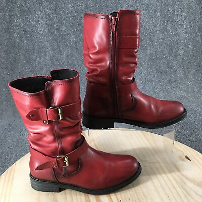 #ad Eric Michael Boots Womens 39 Noelle Mid Calf Side Zip Buckle Biker Red Leather