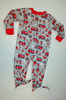 #ad Toddler Boys Pajamas GRAY RED L S FLANNEL SLEEPER Footed FIRETRUCKS Zip Front 2T