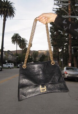 #ad Balenciaga Black Leather Medium Crush Chain Flap Bag $2950