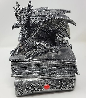 #ad Dwk Dragon Book Stack Jewelry Box Fantasy Gray With Red Jewel 6x8