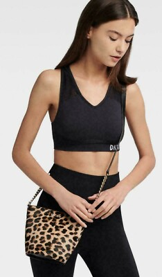 DKNY Kim Chain Leather Bucket Bag Black Gold Leopard Print Crossbody Zip New $99.99