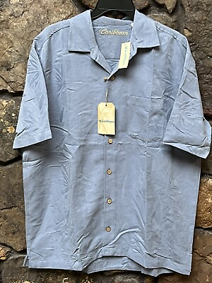 #ad Caribbean Leaf Textured S S Hawaiian Camp Shirt MLXL Gray Indigo NWT ST5WC320