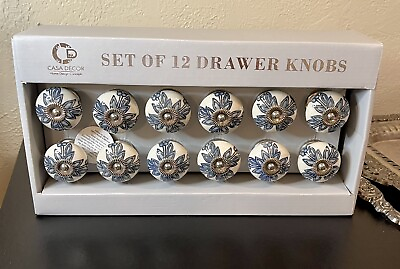 #ad Casa Decor Set Of 12 Ceramic Drawer Pulls Knobs Blue White New In Box