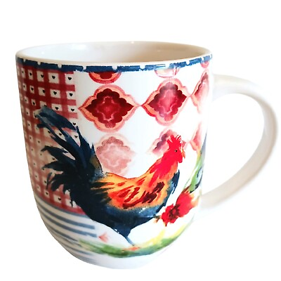 #ad PIER 1 Coffee Cup Mug Country Rooster Multicolor Ironstone 4in 12oz Mixed Design