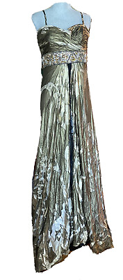 #ad Jovani Silk Gold Gown beaded waist; black underlay spaghetti strap size 10