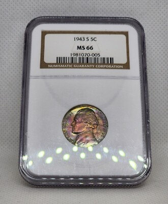 #ad 1943 S Jefferson Nickel NGC MS66 Rainbow Toned Monster Pink Color Toning Luster