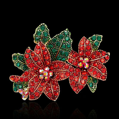 #ad Deluxe Handcrafted Rhinestone Poinsettias Christmas Brooch Pin