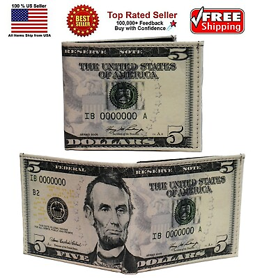 #ad $5 Five Dollar Bill Lincoln Photorealistic Leather Bi Fold Bifold Wallet