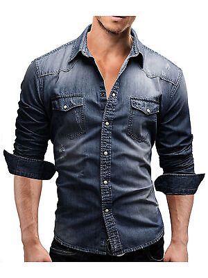 #ad Men#x27;s Denim Shirt Long Sleeve Cowboy Jean Shirt Casual Work Button Shirt