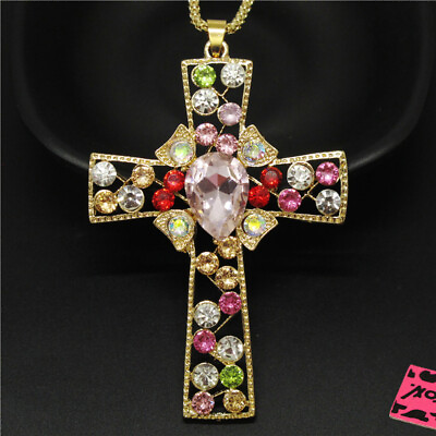 #ad New Fashion Women Lovely Color Bling Pink Cross Crystal Pendant Chain Necklace