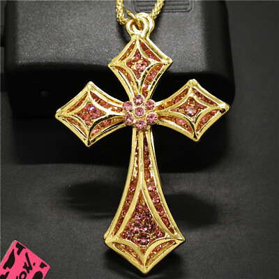 #ad New Fashion Women Rhinestone Pink Cross Religion Crystal Pendant Chain Necklace