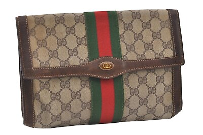 #ad Authentic GUCCI Web Sherry Line Clutch Hand Bag Purse GG PVC Leather Brown 1503J