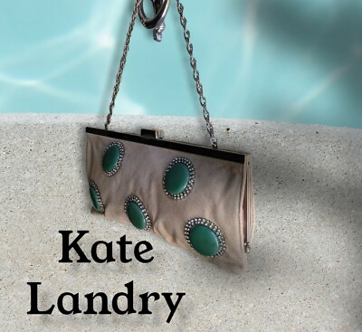 Kate Landry Suede Embellished Rhinestones Jade Medallion Clutch Bag Evening Bag