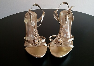 #ad TOP MODA WOMENS GOLD SANDALS HIGH HEEL SHOES SIZE 8.5 w Rhinestones Strappy GUC
