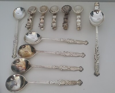 #ad Vintage Asian Silver Set Of Large Serving Dragon Spoons And Spoon Rests
