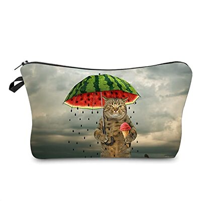 #ad Cosmetic Bags for Women Small Funny Cat Holding Watermelon Umbrella Ice Cream...
