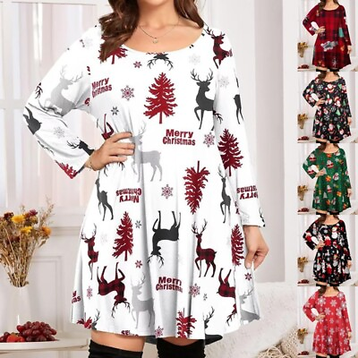 #ad Plus Size Women Christmas Floral Mini Dress Ladies Casual 3 4 Sleeve Party Dress