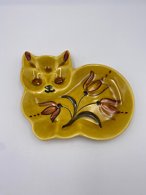 #ad Vintage LA Pottery Yellow Cat Trinket 7.5 x 6.5 Dish