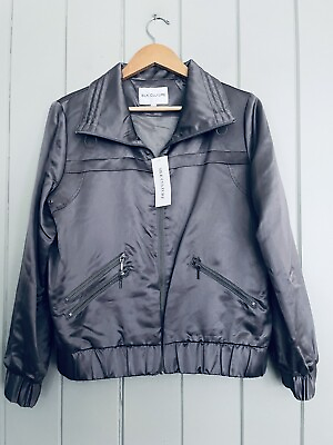 #ad NWT Silk Culture Silk Satin Sporty Look Jacket L Large Charcoal Gray Full Zip