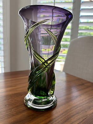 #ad Beautiful Hand Blown Amethyst Glass Vase With Applied Green Vining Murano Like