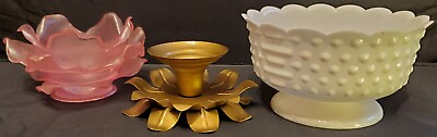 #ad Lot White Plastic Hobnail Footed Bowl with 2 Floral Candle Holders Gold amp; Pink