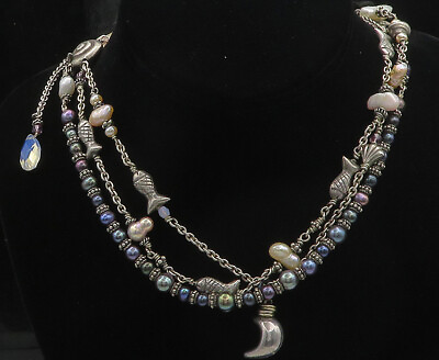 #ad DESIGNER 925 Silver Vintage Pearls amp; Amethyst Fish Chain Necklace NE3197