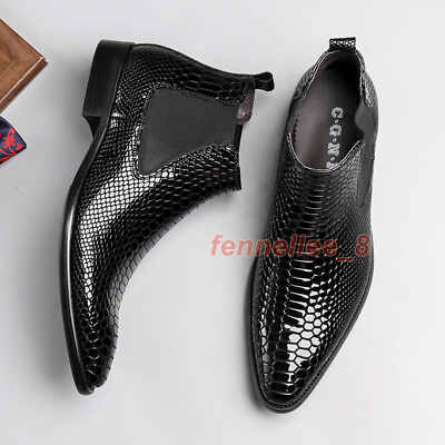 #ad Men#x27;s Genuine Leather Snakeskin Chelsea Boots Pointy Toe Slip on Business Shoes