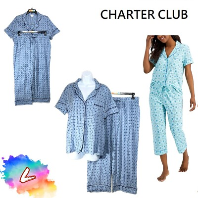 #ad NWOT Charter Club L Printed Cotton Notch Collared Flora Stripes 100131385 $59