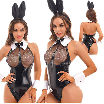#ad Womens Bunny Girl Club Lingerie Outfit Sexy Bodysuit PVC Leather Cosplay Costume