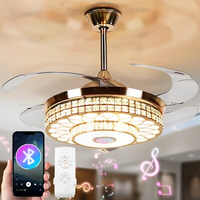#ad 42quot; Crystal Bluetooth Retractable Ceiling Fan Lamp Chandeliers w Remote Speaker