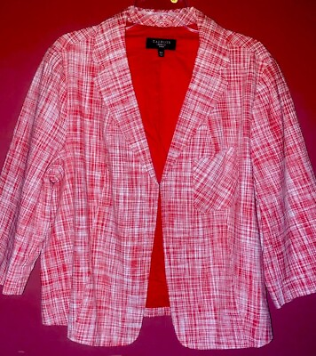 #ad Talbots Size 16W Red amp; White Tweed Linen Blend Open Front Jacket EUC