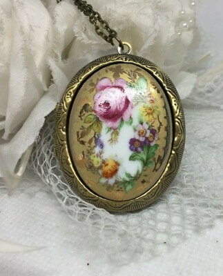 #ad China Gold PORCELAIN ROSE Mother Daughter PHOTO Necklace Locket Jewelry GRANDMA