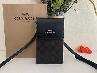 #ad NWT COACH CM234 North South Phone Crossbody Signature Canvasamp;Leather Brown Black