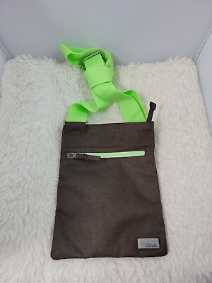 #ad Cabela#x27;s Crossbody Travel Bag Pouch Brown amp; Lime Green Flat Nylon Zip Pockets