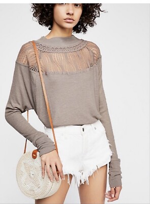 #ad Lovely Free People Spring Valley Smoked Taupe Mesh Lace Yoke Thermal Top XS