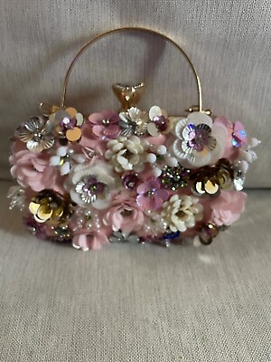 #ad Baby Pink Floral Crystal Diamond Bead Hand Embellished Evening Clutch Bag
