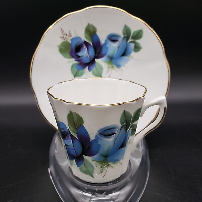 #ad Vintage Royal Dover Bone China Cup and Saucer Blue Roses Gold Trim England