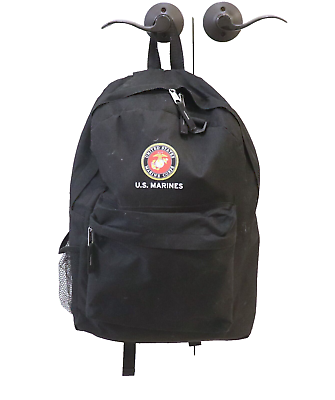 #ad USMC Marines Black Backpack School Bag With USMC Logo Adjustable Straps