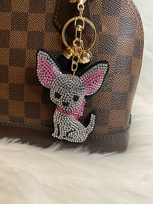 #ad Chihuahua Keychain Bag Charm Crystal Bling Silver Black Tassel New Handmade Gift