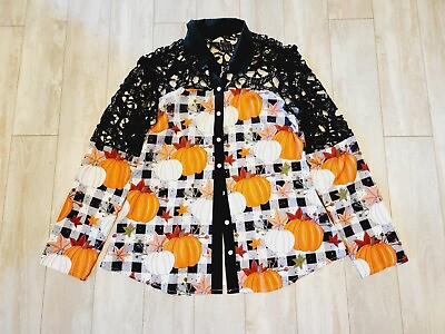 #ad Unbranded L Fall Theme Long Sleeve Black Orange Blouse Pumpkins Lace Accent NWOT